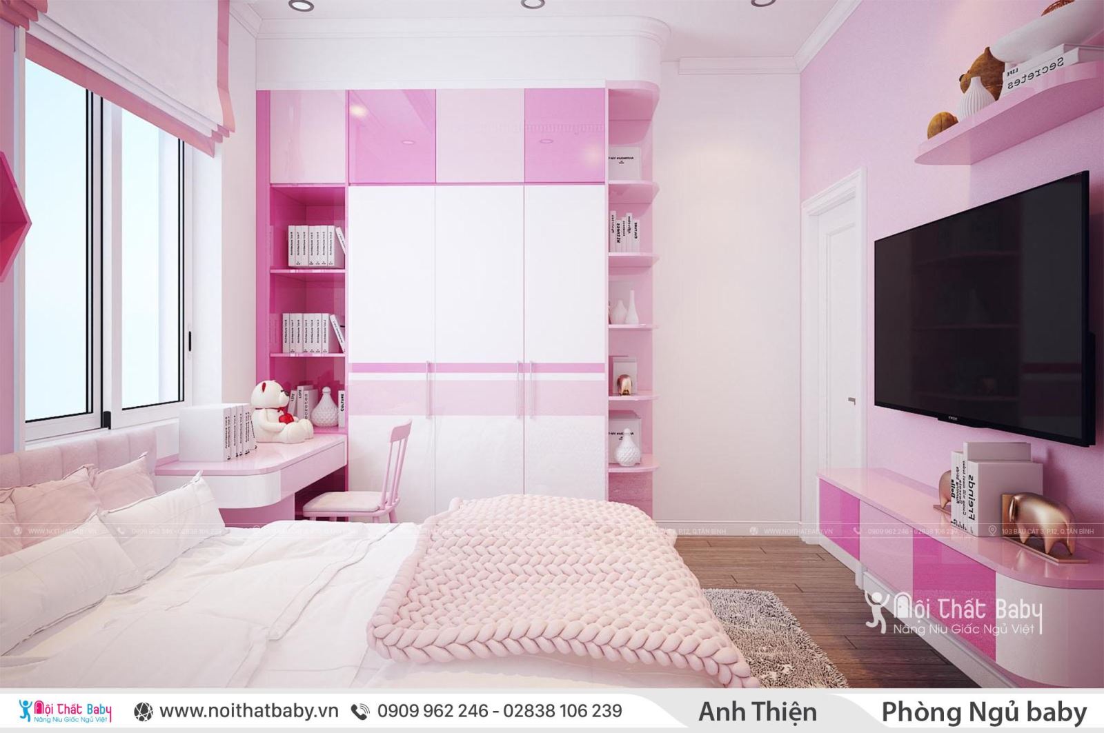 Phòng ngủ bé gái màu hồng dễ thương và xinh xắn